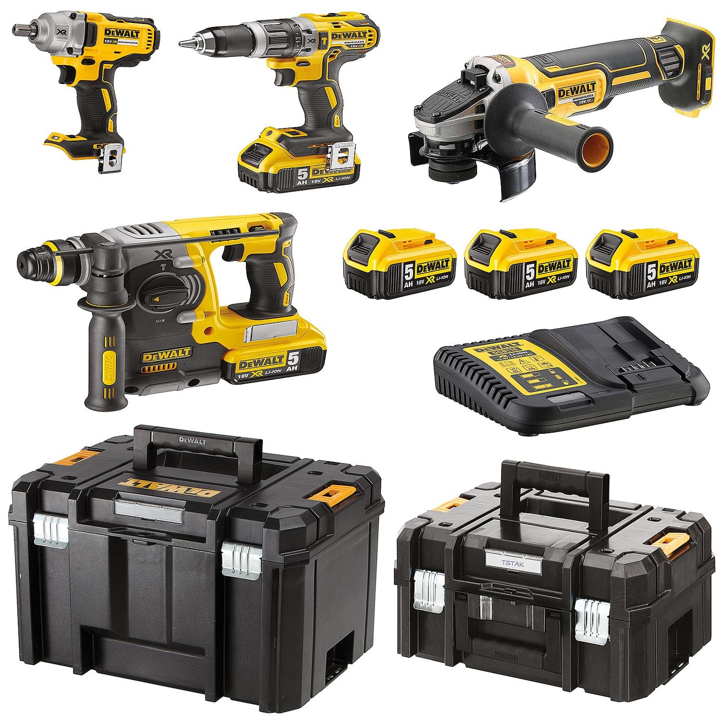 DeWALT 4-piece 18V DCK428P3T-QW battery set with 3 x 5.0 Ah batteries and charger