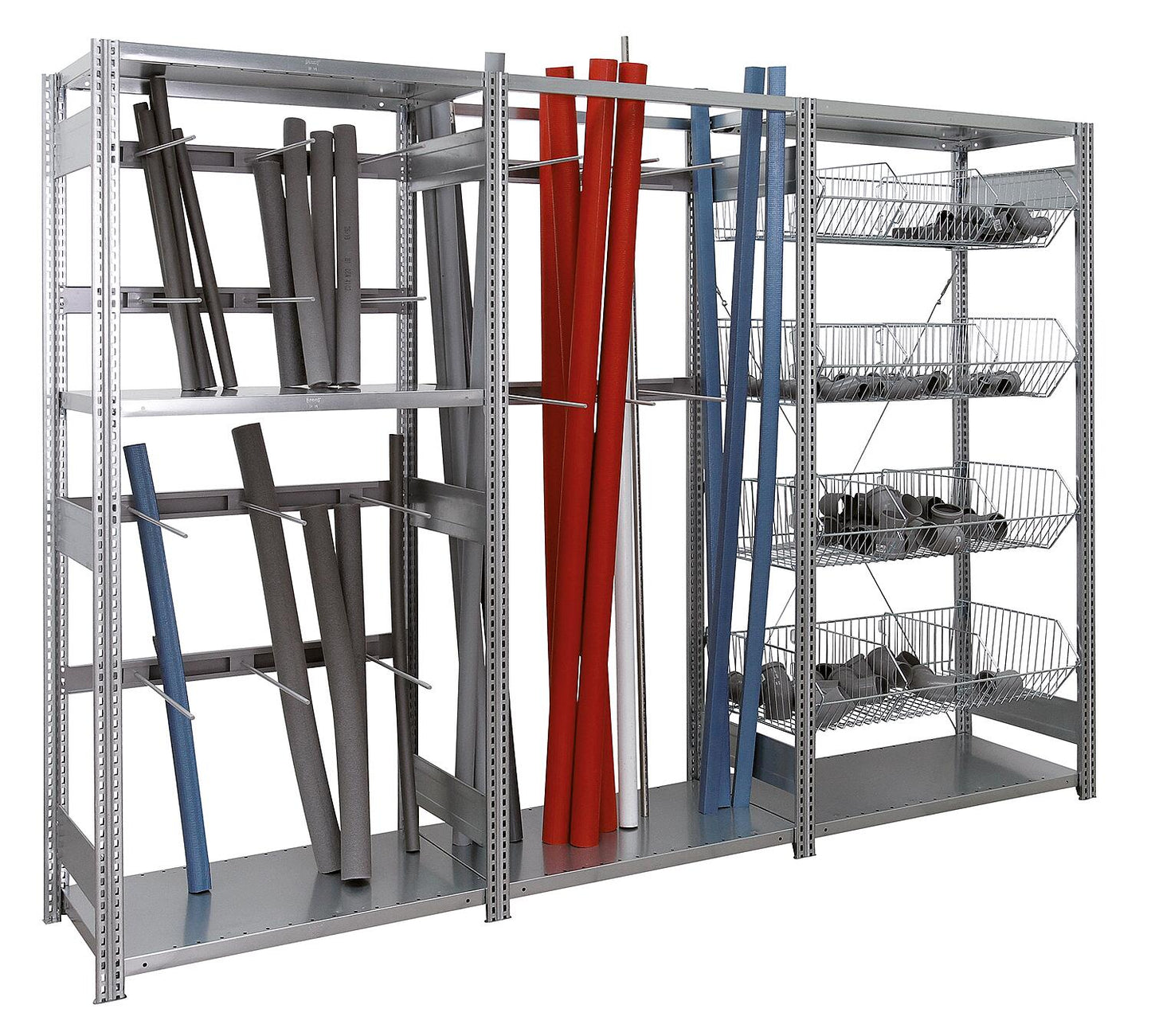 BERT complete shelving unit for tradespeople with steel shelves and wire baskets, dimensions (H x W x D): 2000 x 2755 x 500 mm