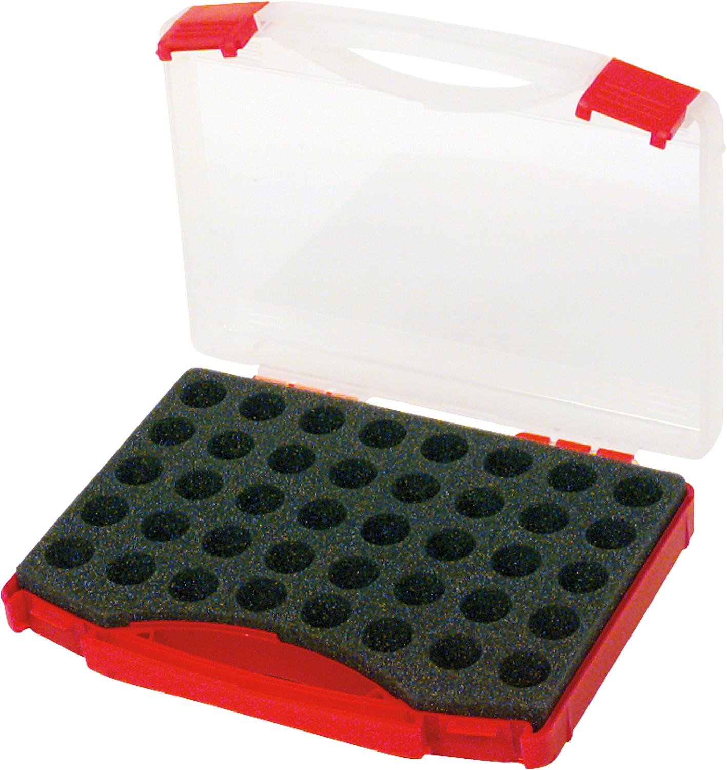Empty plastic nozzle case without nozzles, with foam insert for 40 nozzles