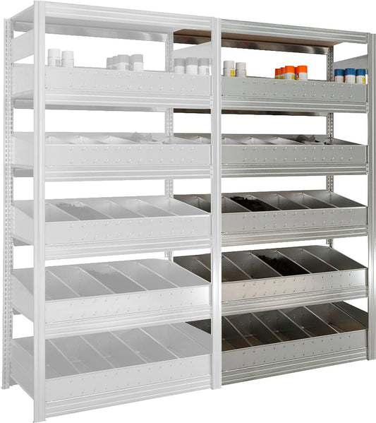 BERT small parts add-on shelf with 5 wooden shelves and bin sets HxWxD 2000x875x600mm