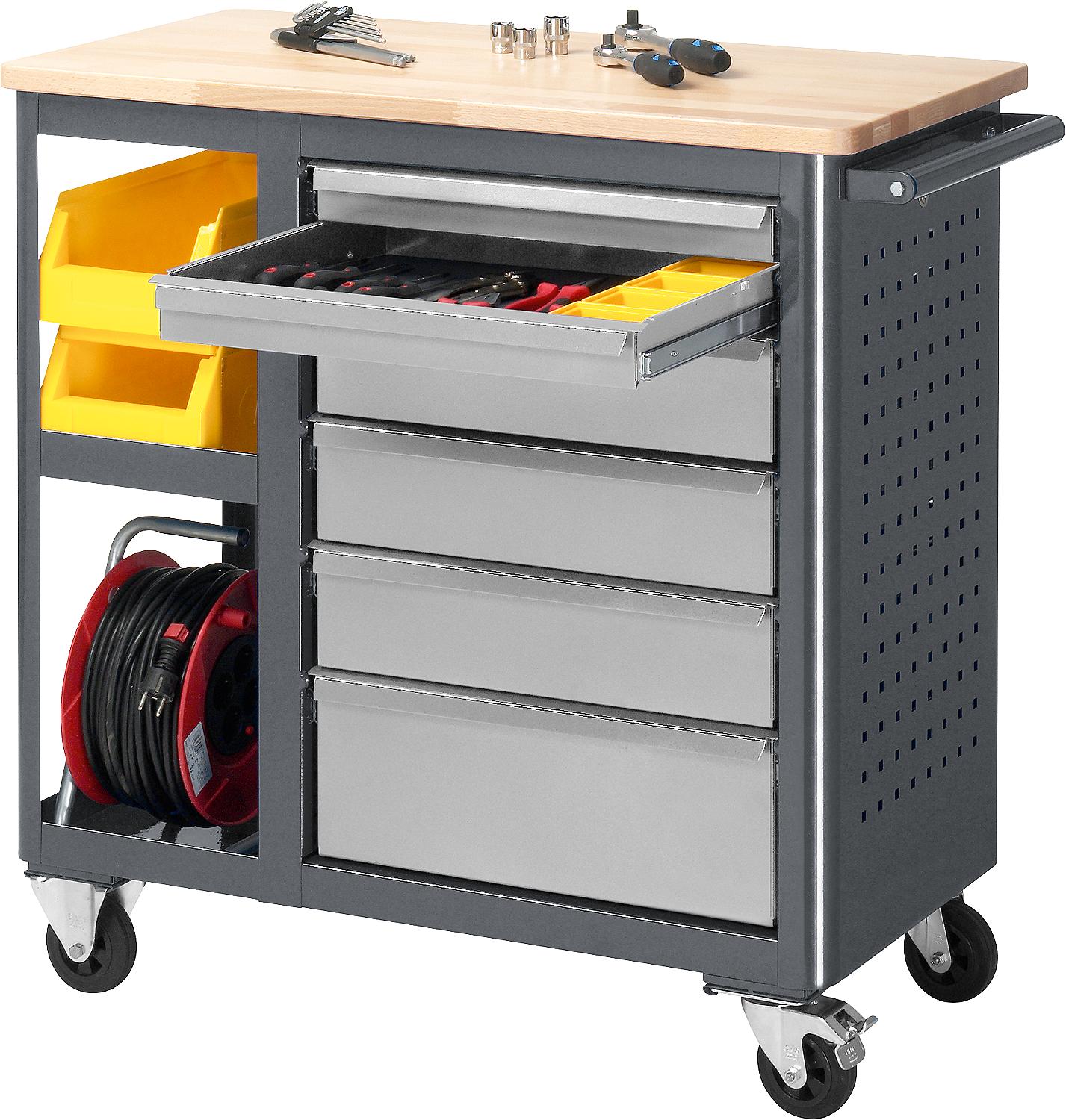 RAU 6010 Basic series rolling workbench with solid beech worktop, 960 x 950 x 450 mm