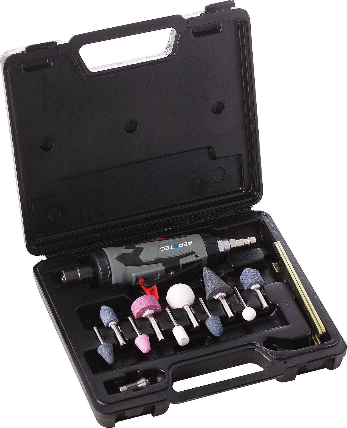 Aerotec pneumatic die grinder including grinding pins, in a transport case