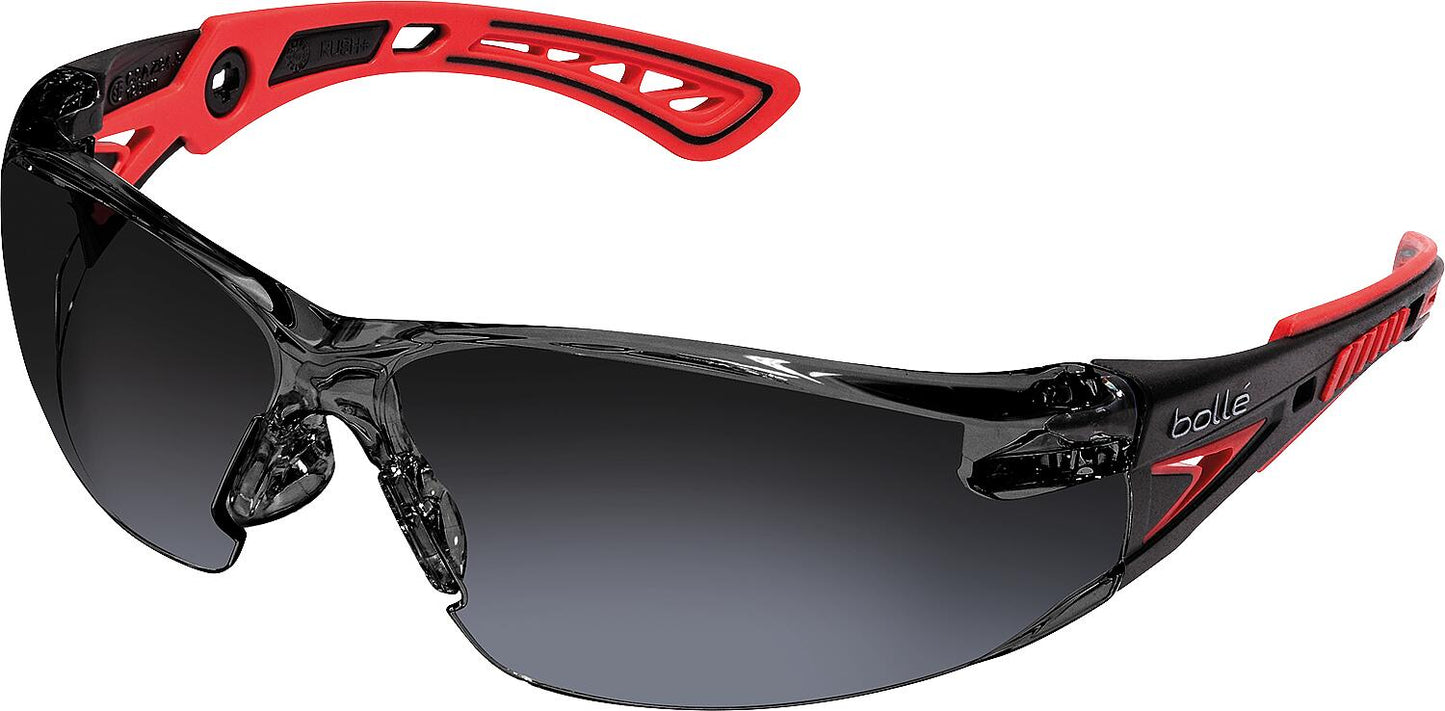 RUSH+ safety glasses, red/black frame - smoked PC lens - scratch-resistant &amp; anti-fog