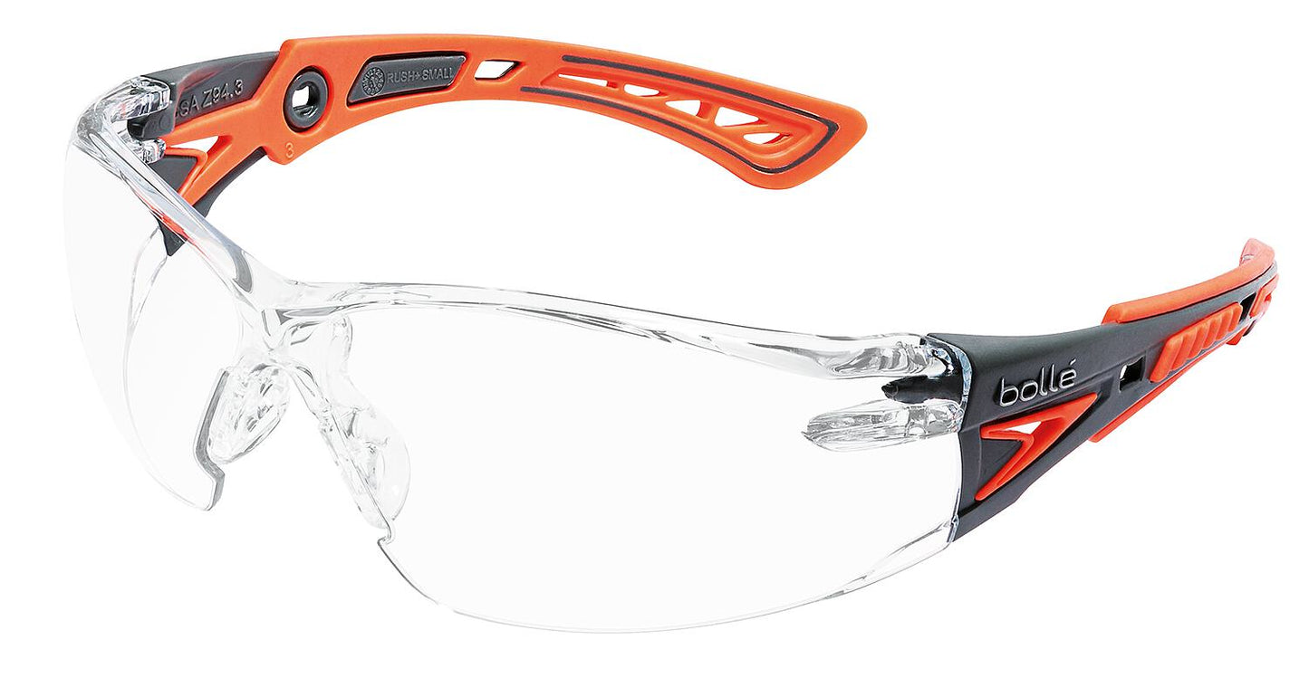Lunettes de sécurité RUSH+ SMALL, monture corail/grise – verres en polycarbonate transparent – ​​résistantes aux rayures et antibuée