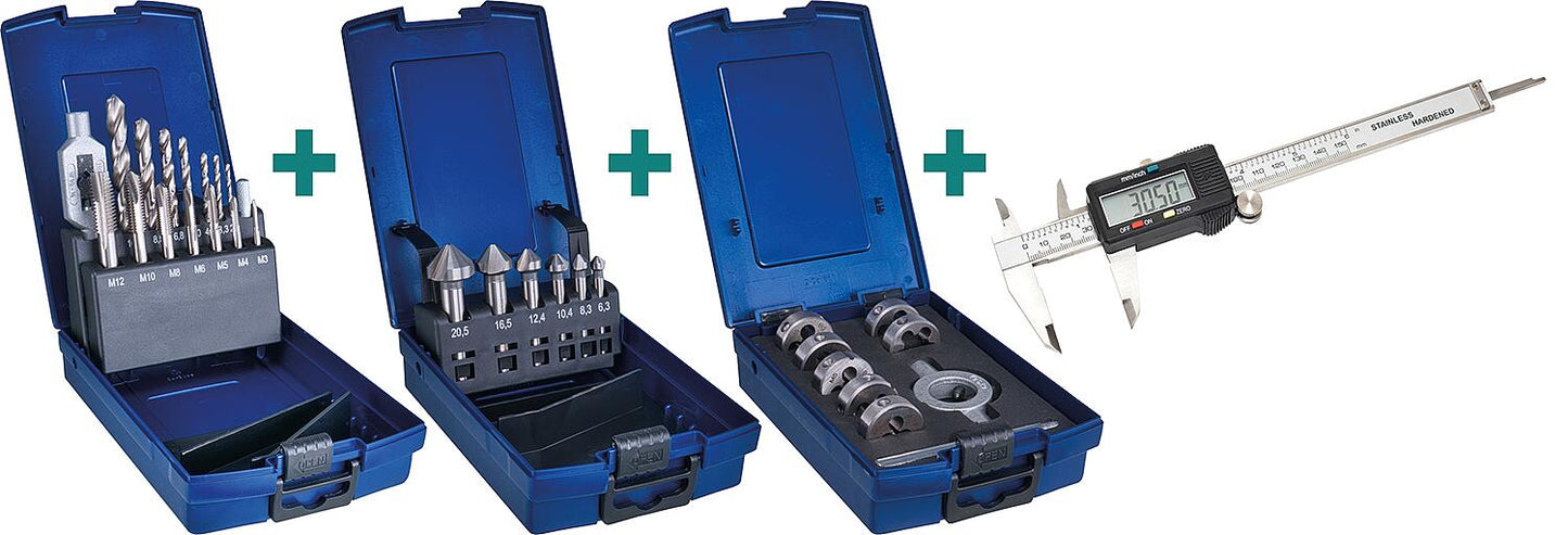 Thread cutting die and countersink set, 3-piece, including digital caliper