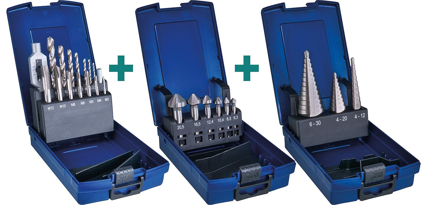 Countersink, tap, and step drill set, 3-piece, in plastic boxes