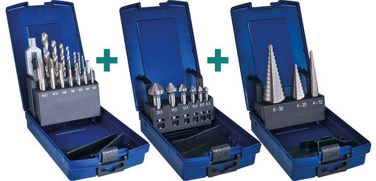 Kegelsenker-Gewindebohrer- Stufenbohrer-Set 3-teilig in Kunststoff-Boxen