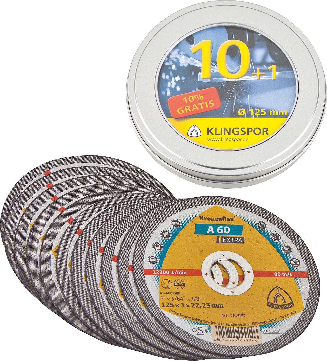 Cutting disc Klingspor A60 Extra 125 x 1mm, PU = 11 pieces. in can