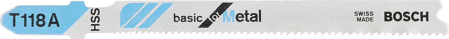 BOSCH T118A jigsaw blades, 92mm length, pack of 5, for straight cuts in metal
