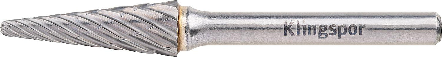 KLINGSPOR carbide end mill, round conical shape, special toothing, Ø 9.6 mm, L: 64 mm