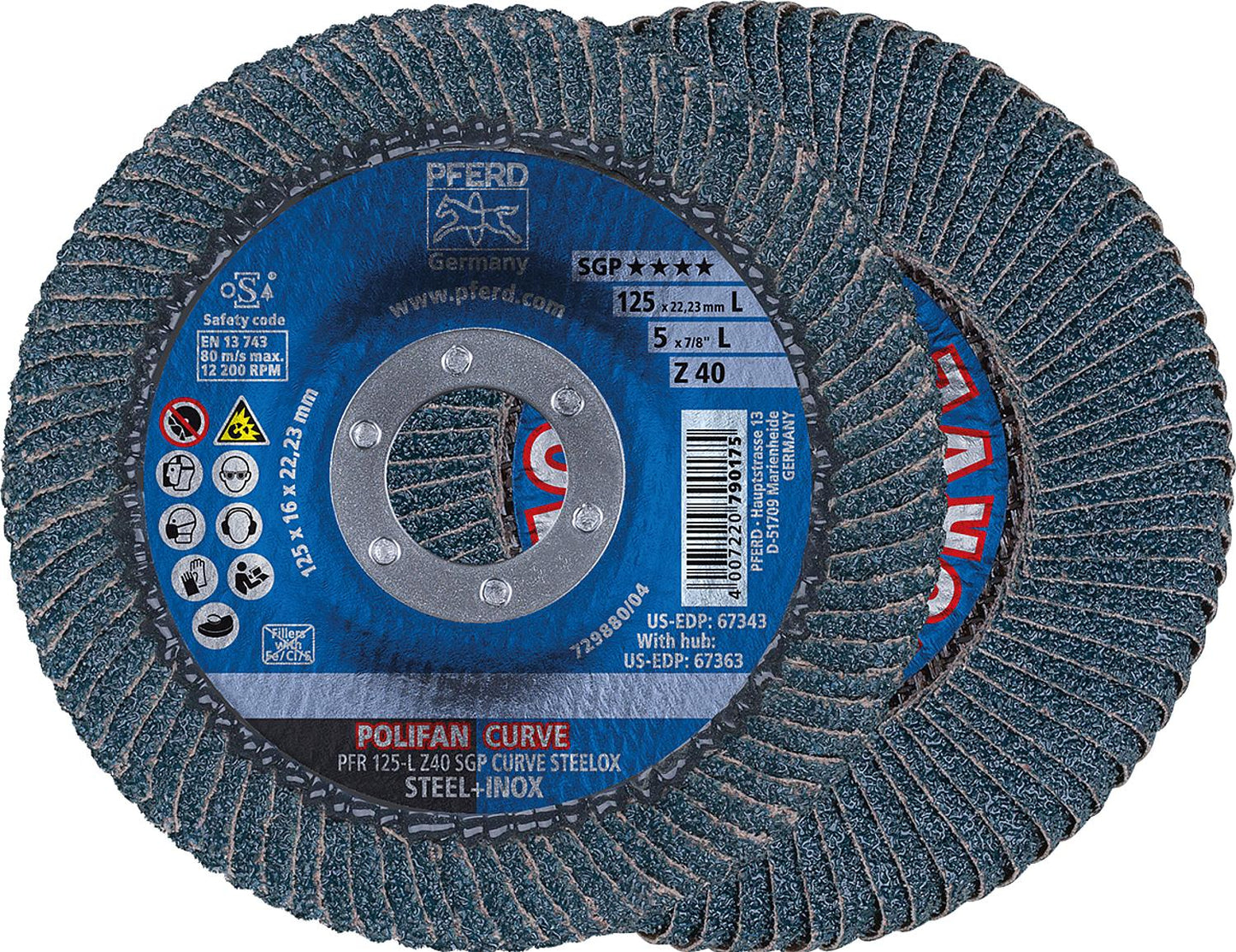 PFERD flap disc Ø 125 x 22.23 mm, disc thickness 8 mm K40 for steel, stainless steel