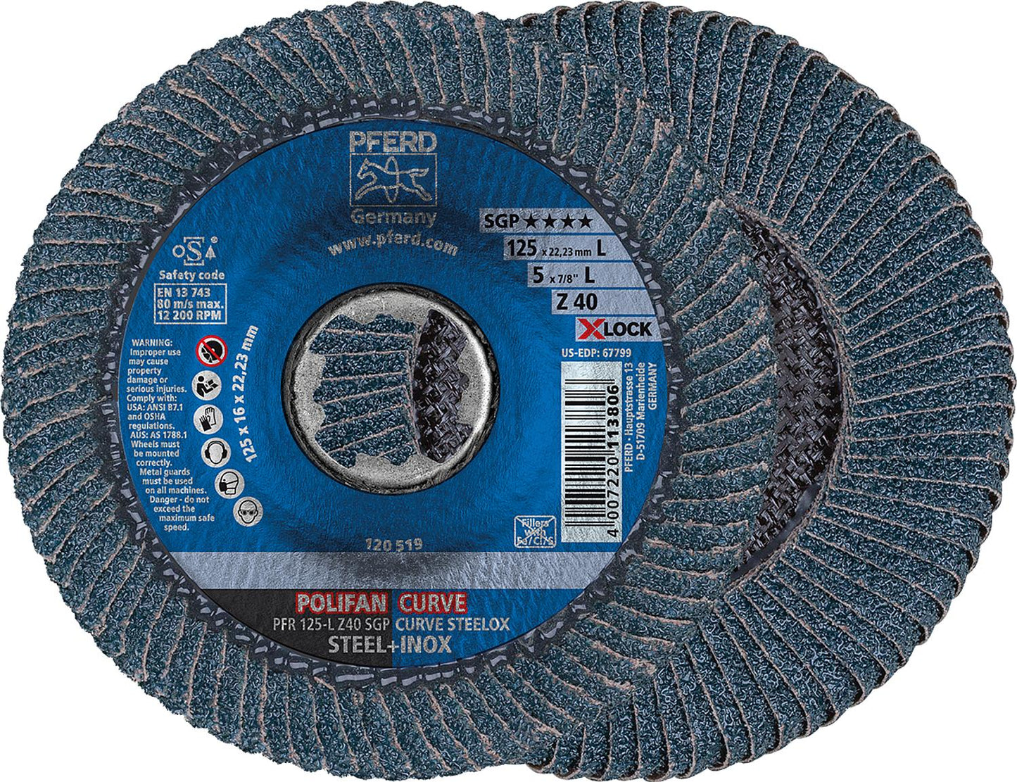 Flap disc PFERD Ø 125 x 14mm X-Lock K40 for steel, stainless steel