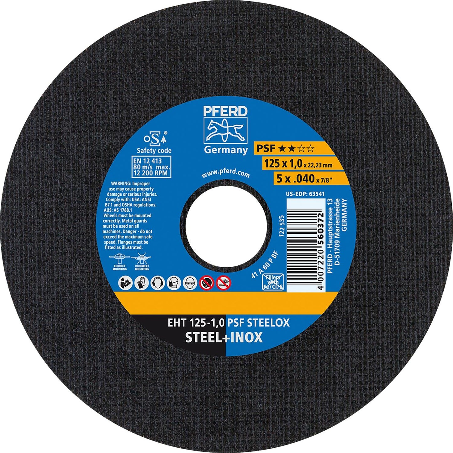 Cutting disc PFERD Ø 125 x 1.0 x 22.23mm, straight, for steel, stainless steel