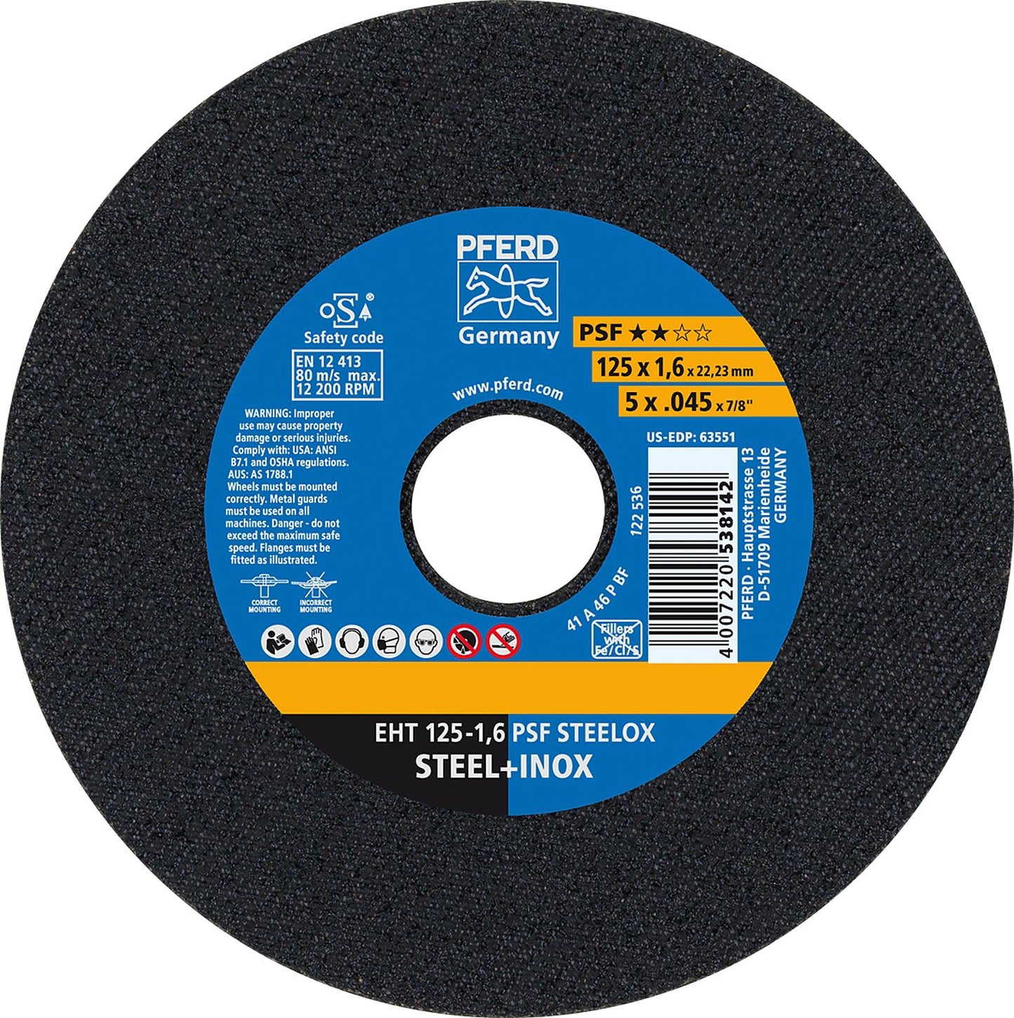 Cutting disc PFERD Ø 125 x 1.0 x 22.23mm, straight, for steel, stainless steel