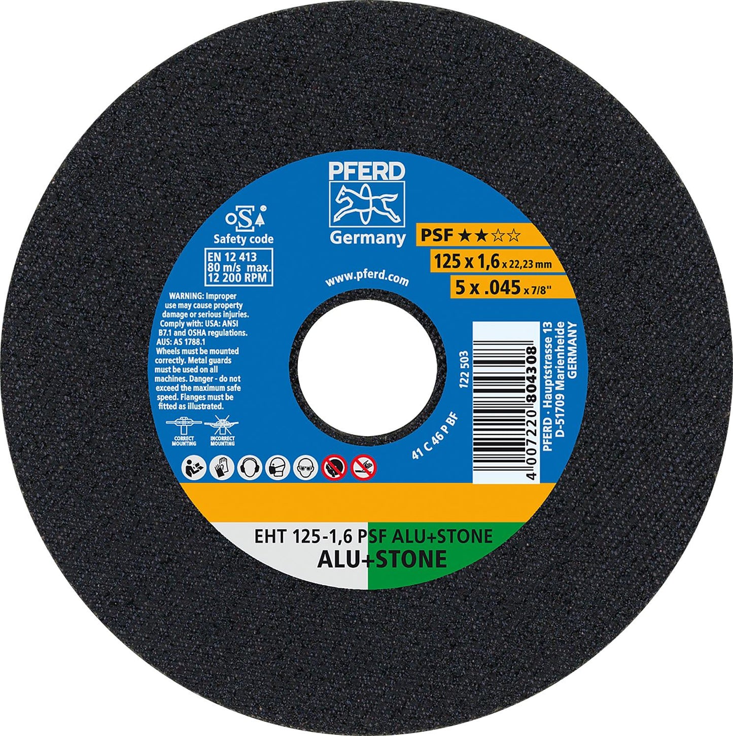 Cutting disc PFERD Ø 125 x 1.0 x 22.23mm, straight, for aluminum, stone, concrete, tiles