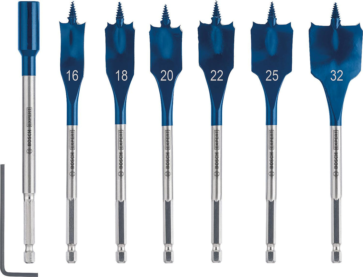 BOSCH 7-piece flat milling drill set Expert SELFCUT Ø 16/18/20/22/25/32mm, length 152 mm with 1/4" hex shank
