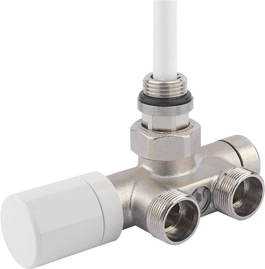 Thermostatic valve, single-point connection, DN 15 (1/2") x DN 20 (3/4"), EK two-pipe system, angle shape, nickel-plated.