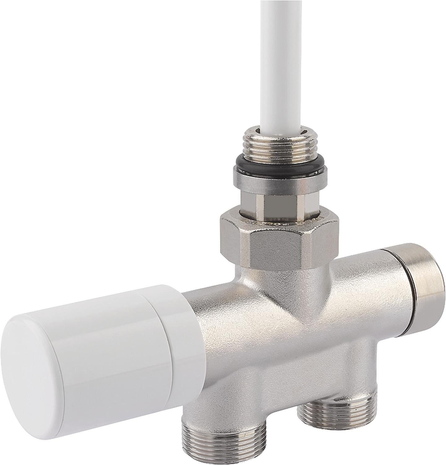 Thermostatic valve, single-point connection, DN 15 (1/2") x DN 20 (3/4"), EK two-pipe system, angle shape, nickel-plated.