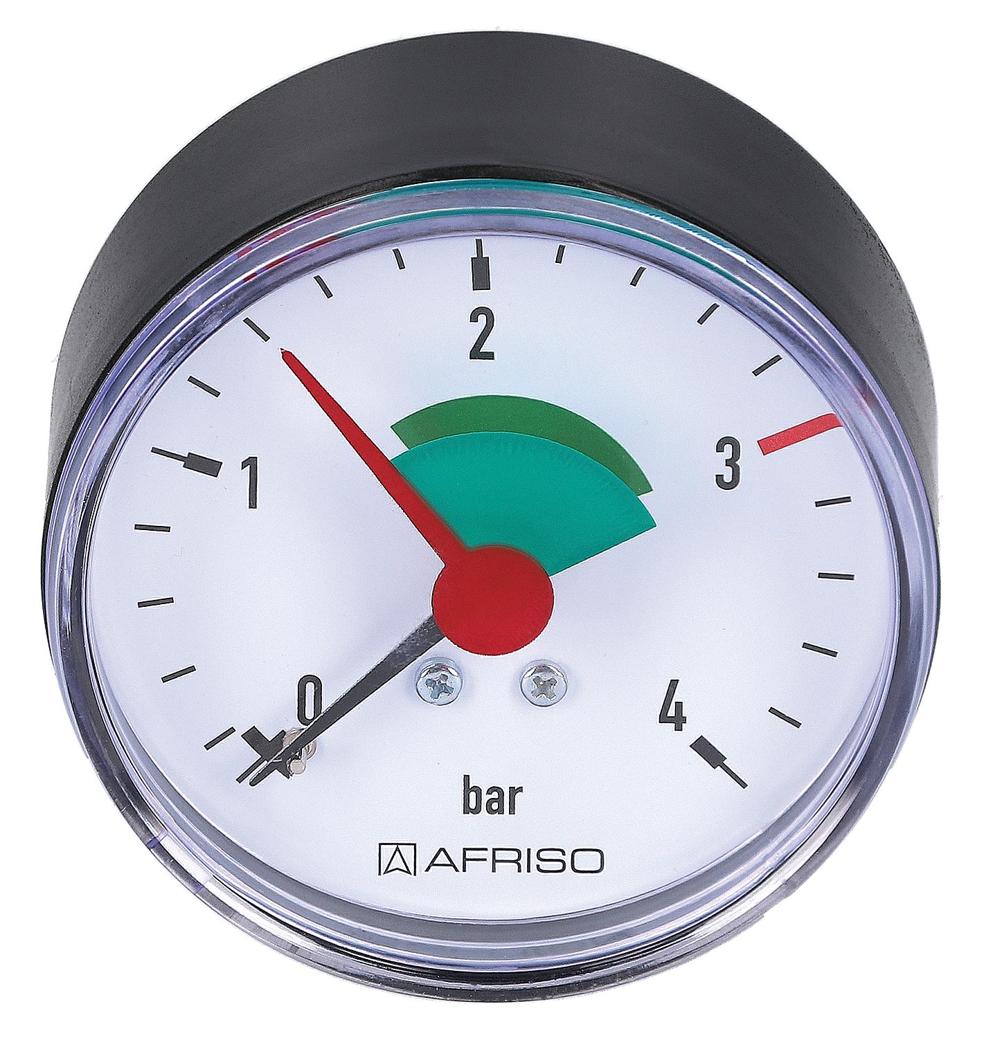 Heating pressure gauge, axial 63 mm bore, 1/4" with self-sealing Teflon ring.