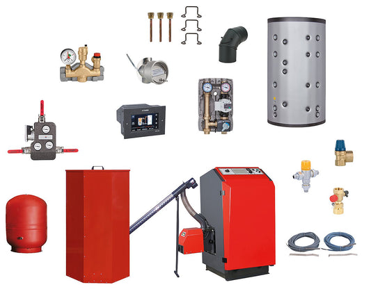 Ensemble complet chaudière à granulés Atmos P21 comprenant un réservoir de stockage et des accessoires