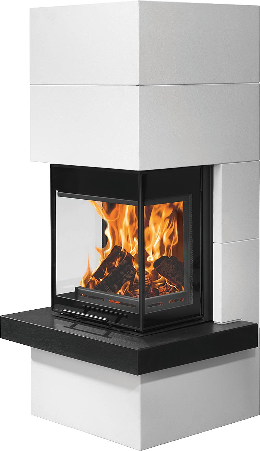 Club Tre wood-burning stove with concrete and slate cladding, black steel body