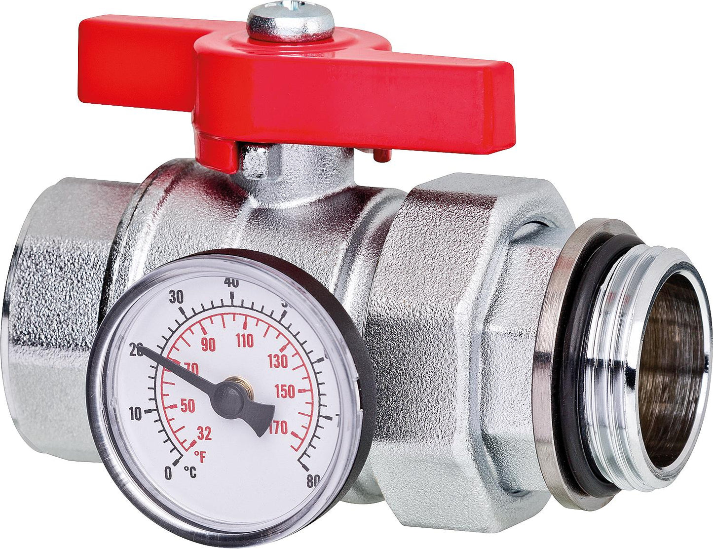 Ball valve DN25 (1") with screw connection, thermometer and wing handle, red