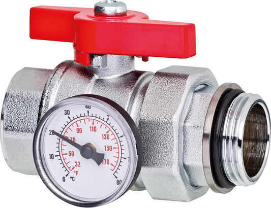 Ball valve DN25 (1") with screw connection, thermometer and wing handle, red