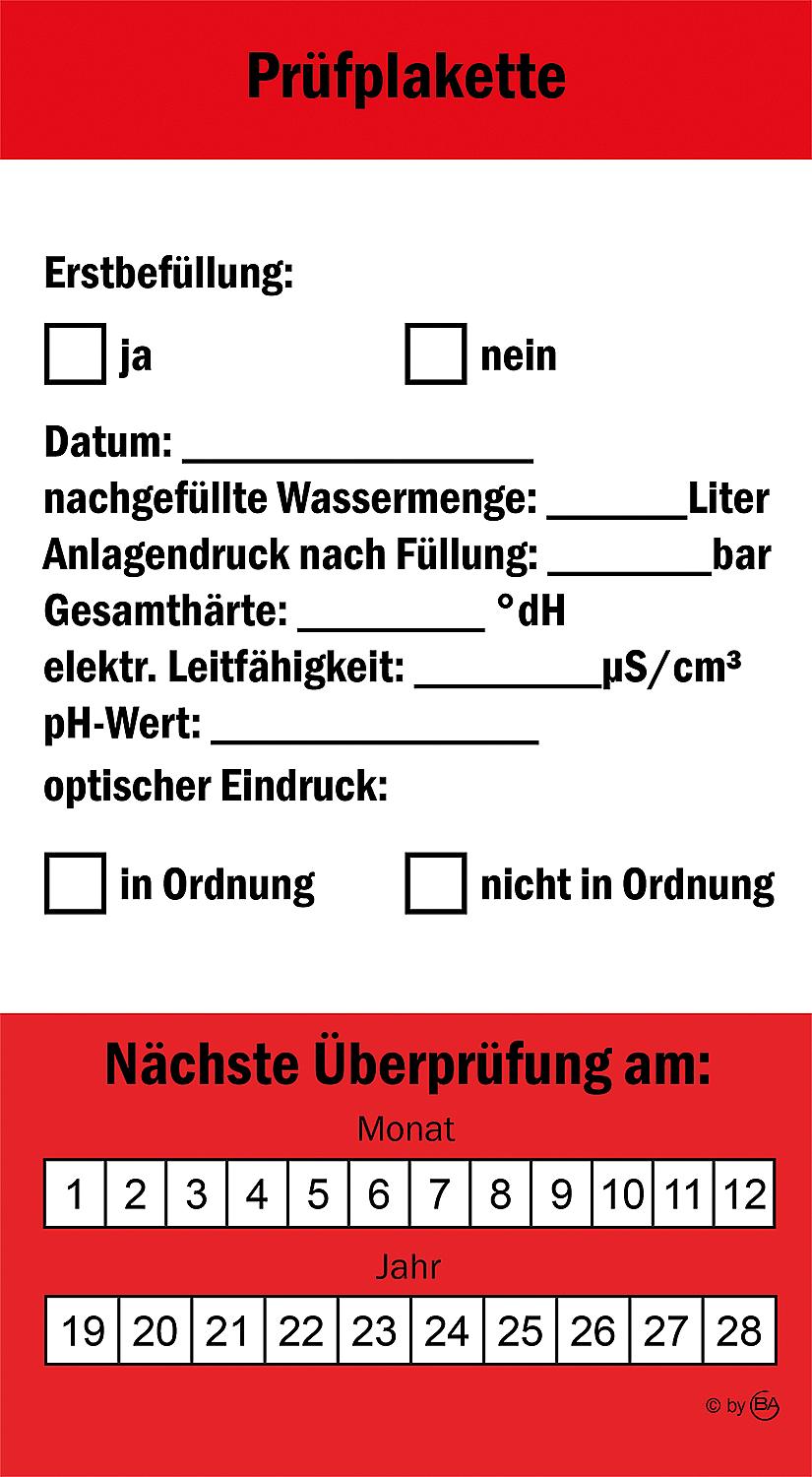 Heizungswasser-Prüfplaketten Box(64x108mm) mit 12 Aufklebern