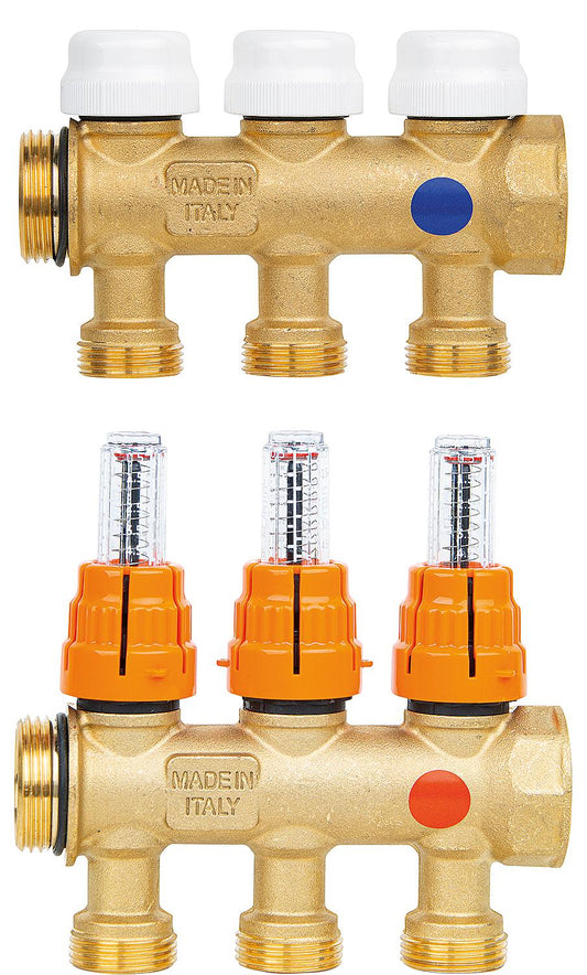 Brass heating circuit manifold with 3 heating circuits, including flow meter DN25 (1"), expandable