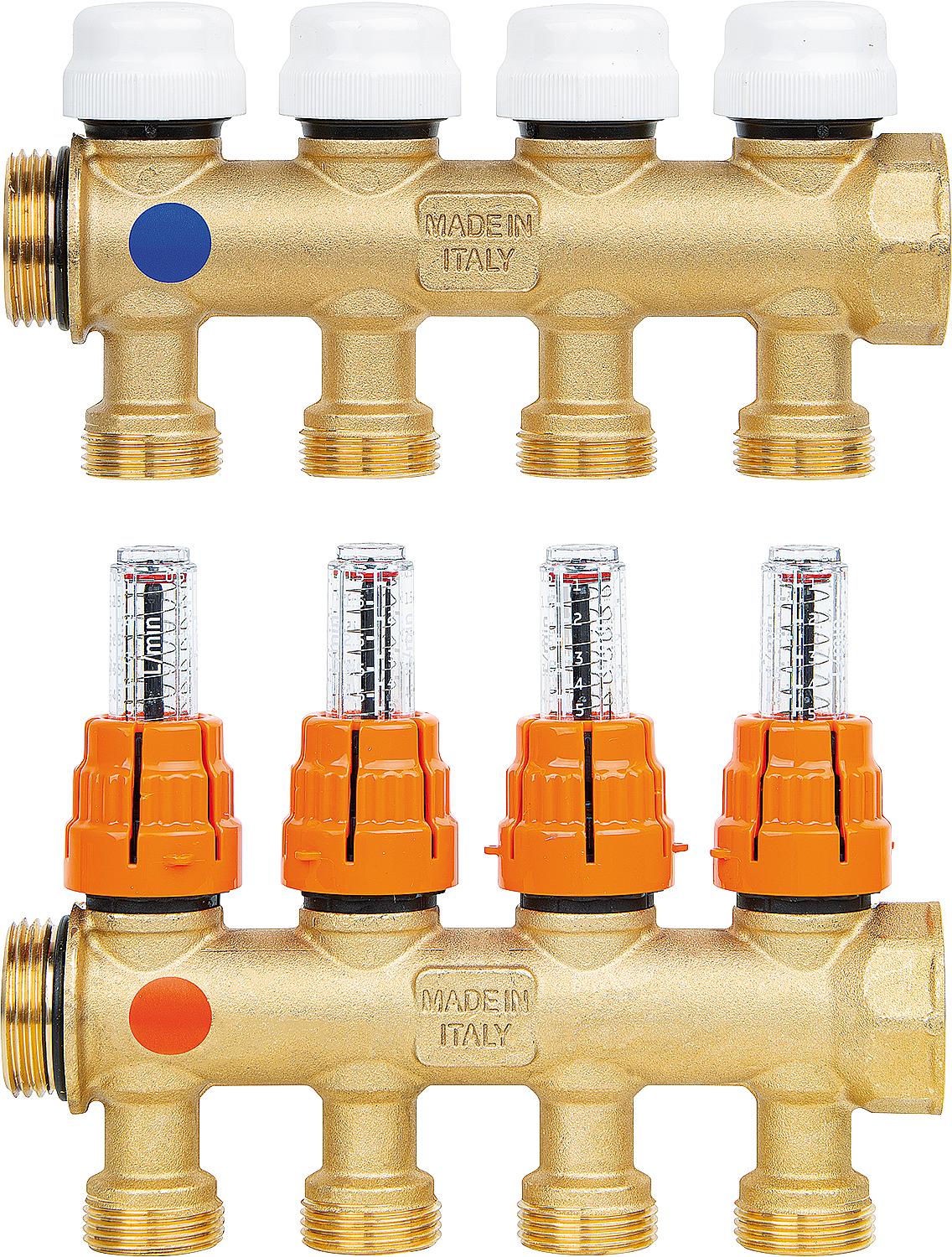 Brass heating circuit manifold with 3 heating circuits, including flow meter DN25 (1"), expandable