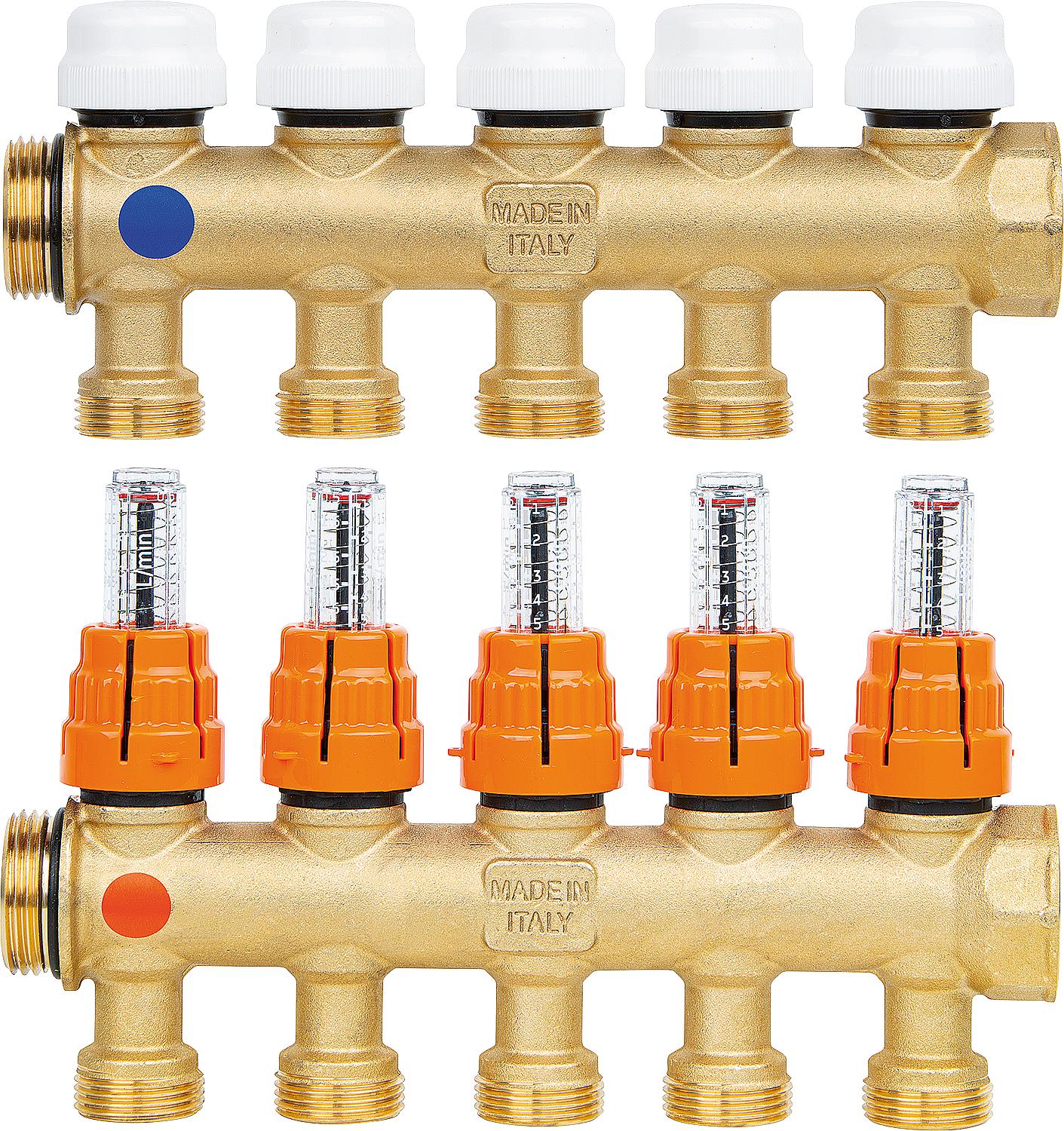 Brass heating circuit manifold with 3 heating circuits, including flow meter DN25 (1"), expandable