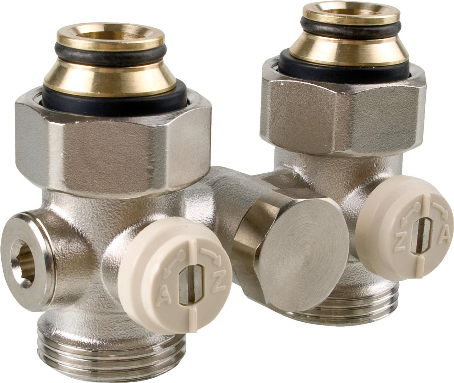 Double ball valve fitting, single-pipe system, 3/4" female thread, bypass, straight-through with Eurocone