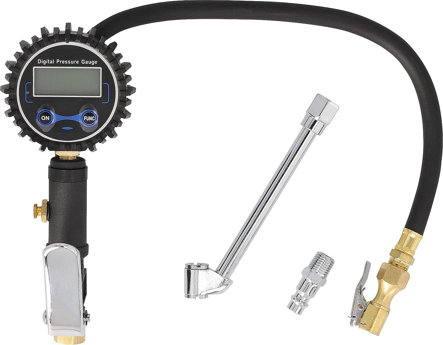 Pressure gauge with digital display, valve extension, and compressed air