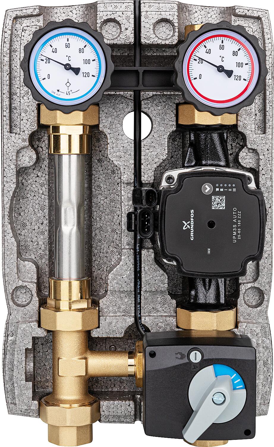 Easyflow DN25(1") heating circuit set with 3-way mixing valve and heat meter section, Grundfos UPM3S AUTO 25-60 pump