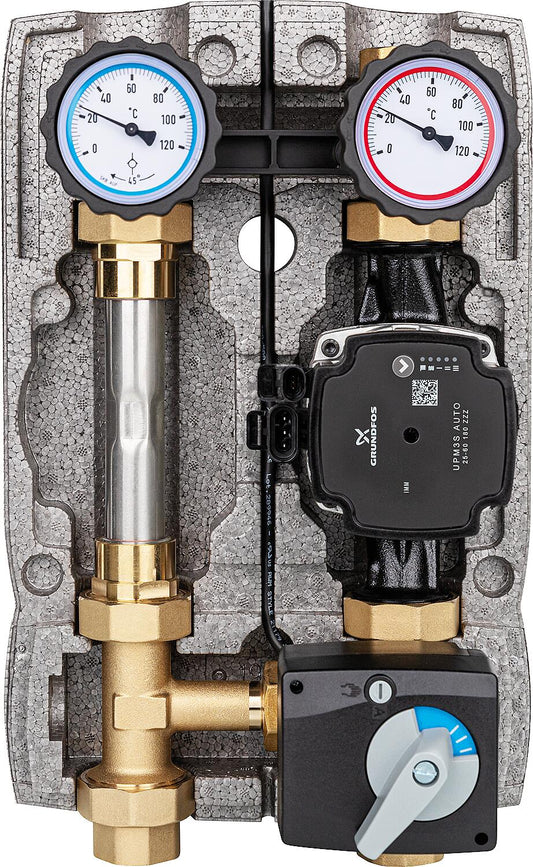Easyflow DN25(1") heating circuit set with 3-way mixing valve and heat meter section, Grundfos UPM3S AUTO 25-60 pump