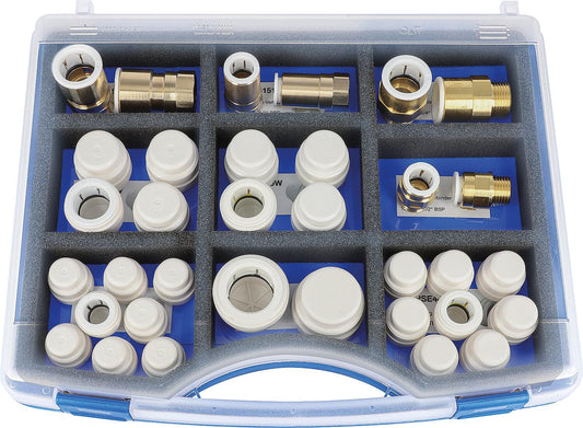 Large service case with end caps for copper and plastic pipes, 23 pieces