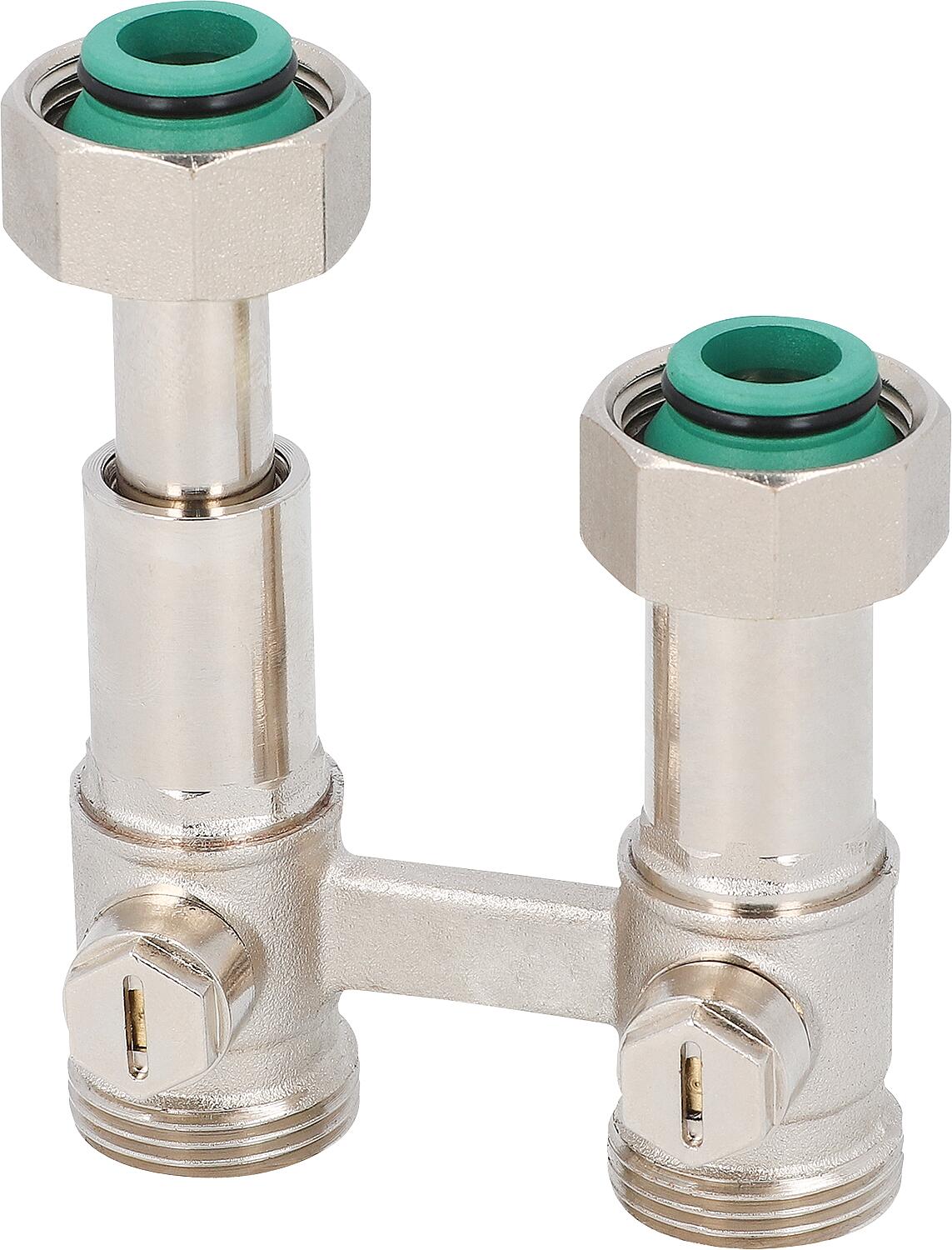 Zweirohr-Hahnblock mit Ausgleichsteleskop, Ausführung Durchgang für Heizkörperanschluss DN20 (3/4") Eurokonus