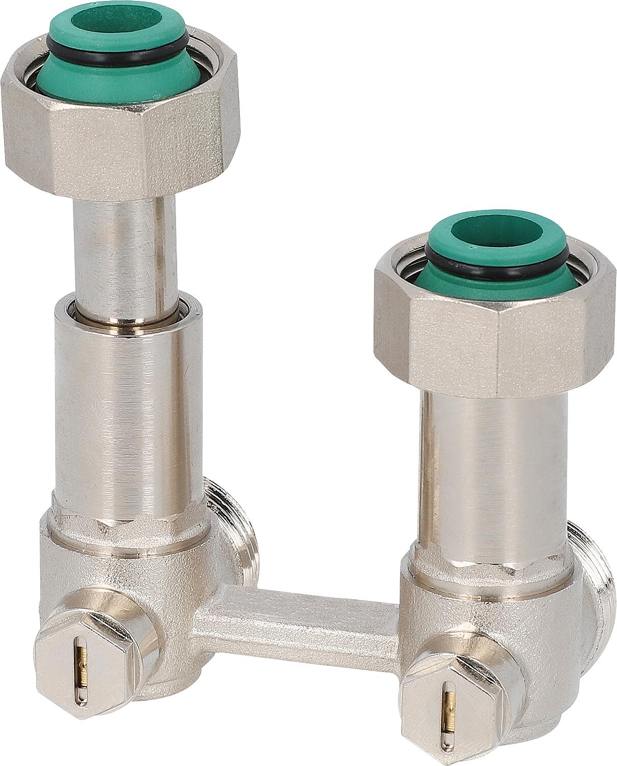 Zweirohr-Hahnblock mit Ausgleichsteleskop, Ausführung Durchgang für Heizkörperanschluss DN20 (3/4") Eurokonus