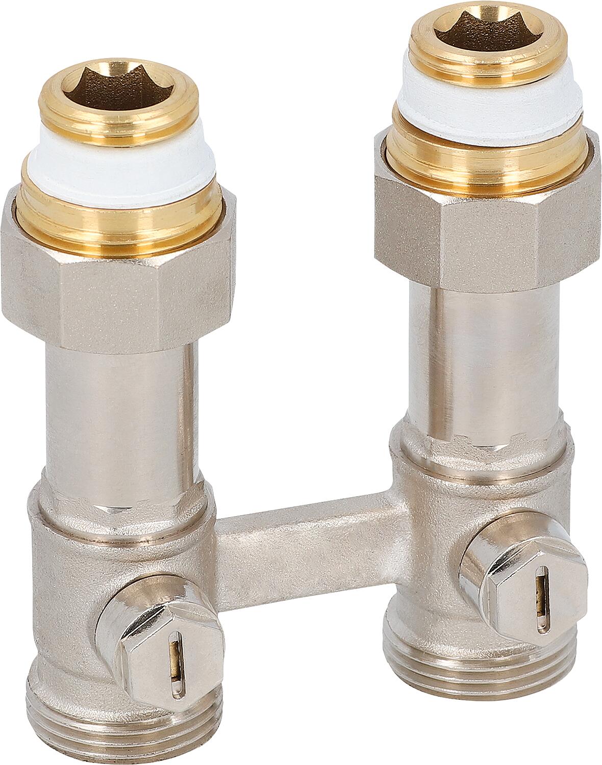 Two-pipe valve block with compensating telescope, straight-through design for radiator connection DN 15 (1/2") internal thread