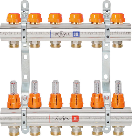 heating circuit manifold evenes M 6.2 Dynamic, DN25 (1") brass, 2 heating circuits with flow meter