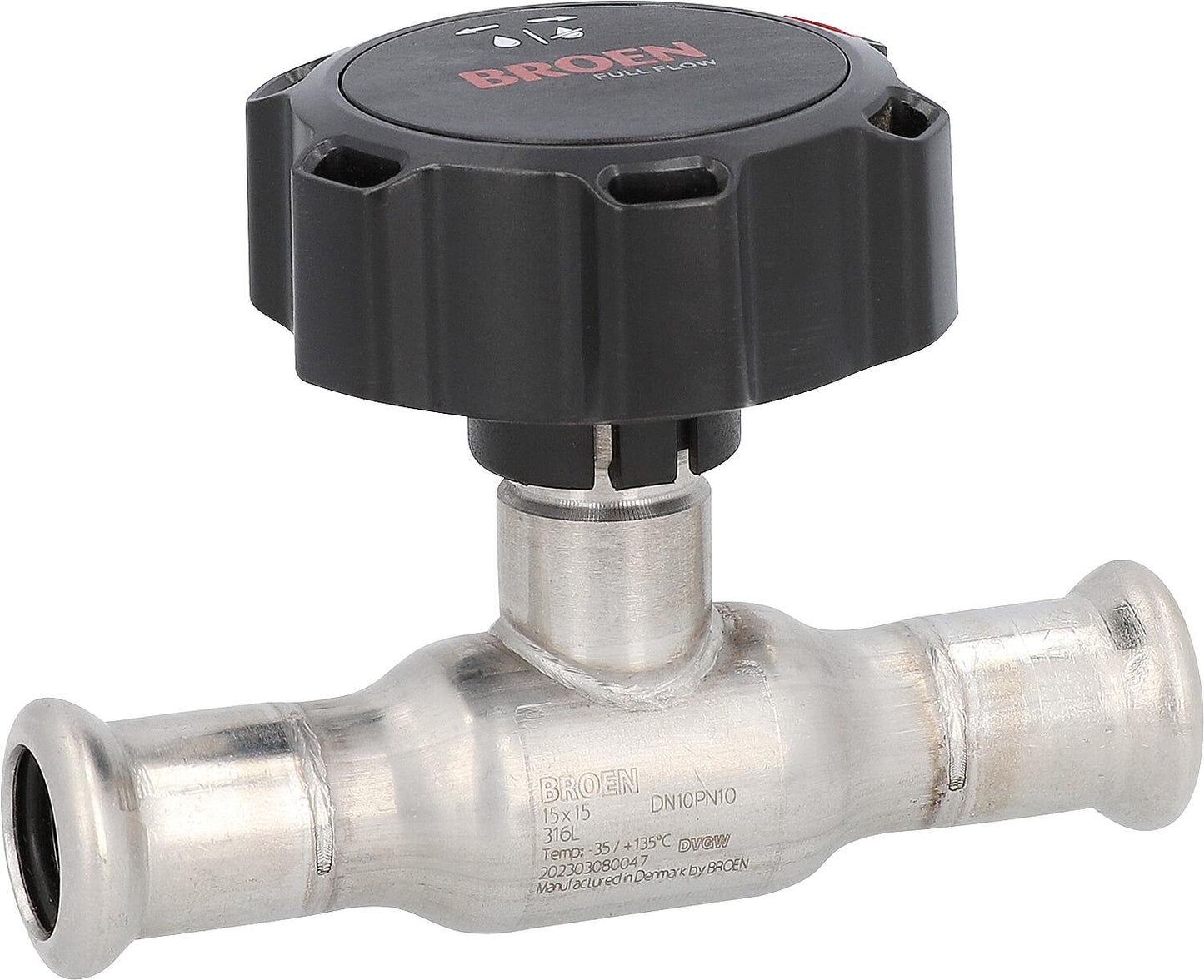 Vanne à bille à sertir en acier inoxydable avec poignée ronde, raccord à sertir DN10 (3/8"), profil M, 15x15