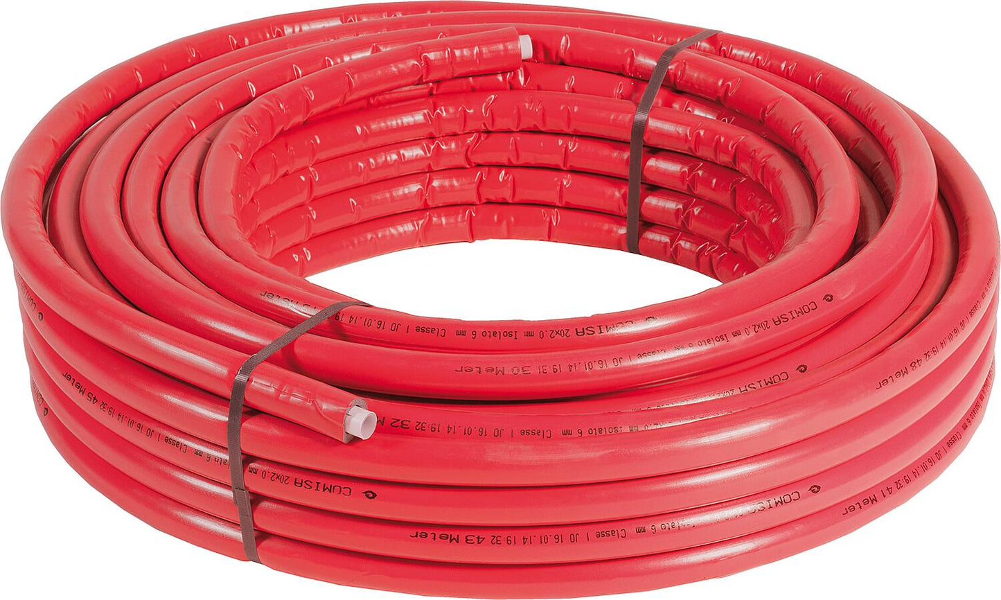 Metal composite pipe in rolls 16x2mm with red insulation 6mm, pack size = 50m