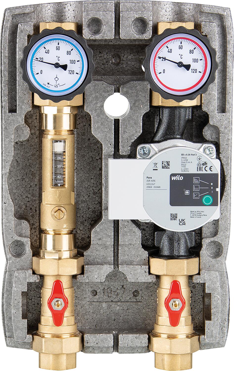 Easyflow DN25 (1") heating circuit set, unmixed with flow meter, Wilo Para 25/6 SC