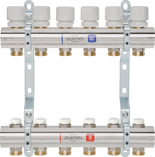 Evenes type M5.2 heating circuit manifold, DN25(1"), brass, 2 heating circuits, with regulating valves