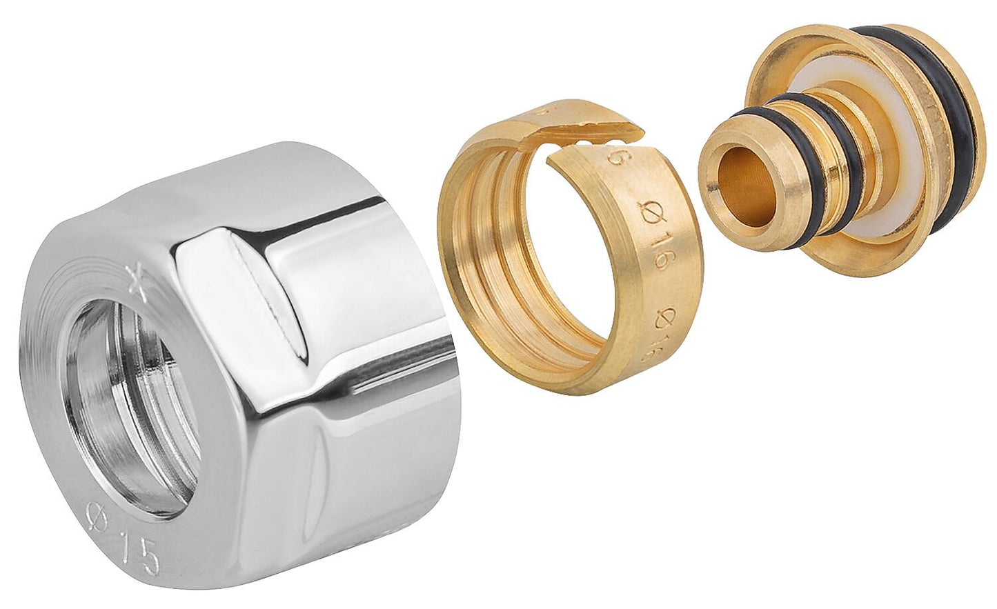 Compression fitting, chrome-plated, Ø16mm x DN15 (1/2"), pack size = 2 pieces