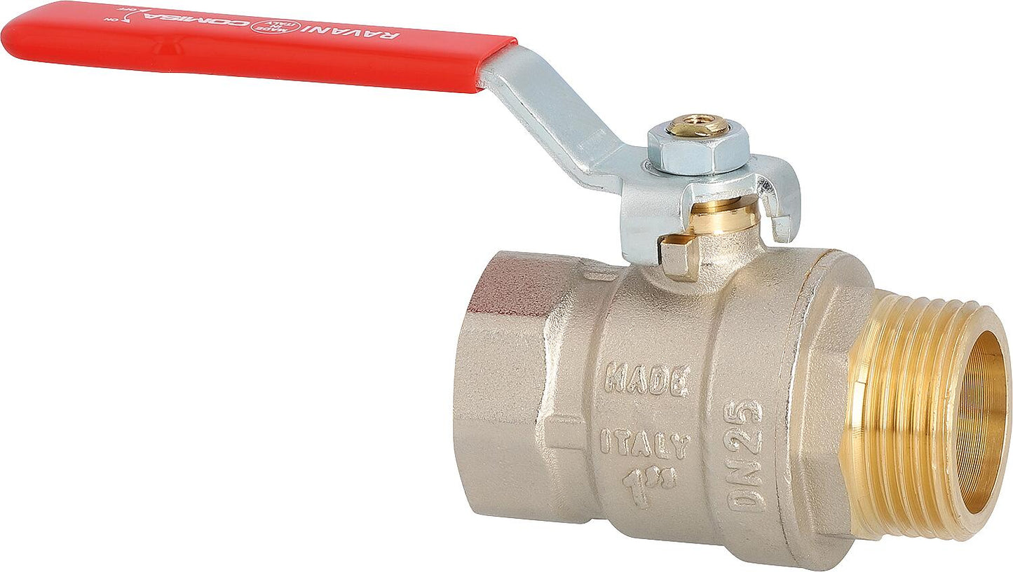 Messing-Kugelhahn PN45, voller Durchgang, nicht für Brauch- und Trinkwasser geeignet, IG x AG, mit Stahl-Handhebel rot