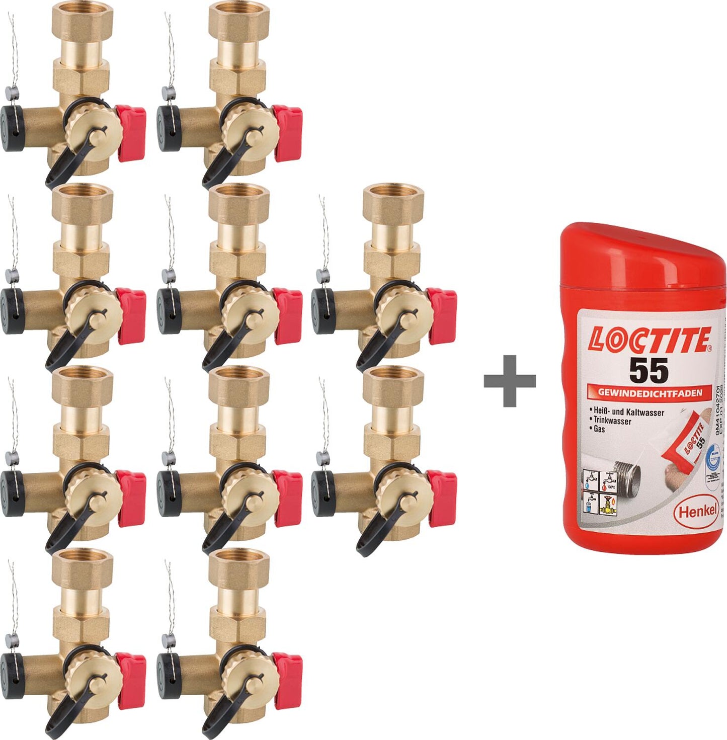 Vorteilspaket 10x Messing Kappenventil DN 25 mit Plombiervorrichtung und KFE-Hahn + gratis Gewindedichtfaden LOCTITE 55, 160m