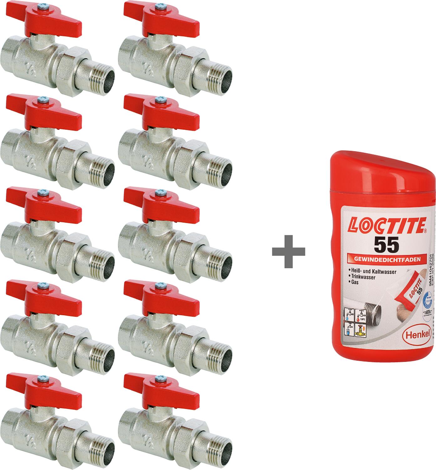 Lot de 10 vannes à boisseau sphérique à filetage type 350 R 1" avec poignée ailettes PN10 IGxAG + mastic d'étanchéité LOCTITE 55 (160 m) offert