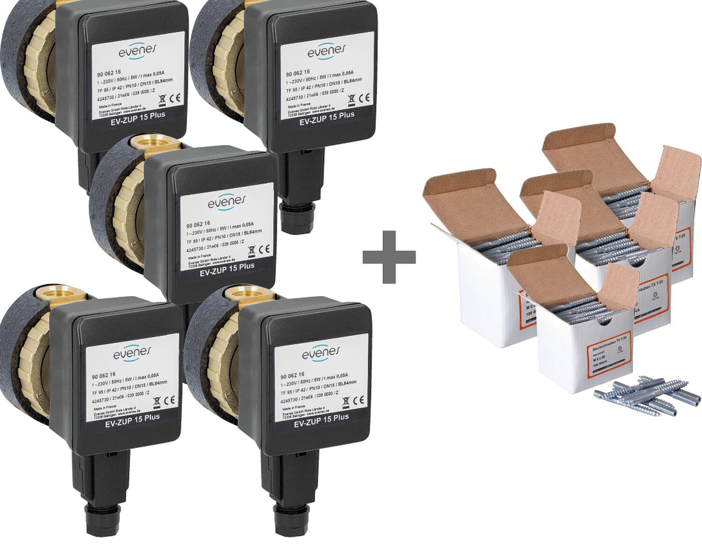Value pack: 5x evenes EV ZUP 15 Plus DN15 (1/2") IG circulation pumps + assortment of stud bolts (RRP €40.40) free