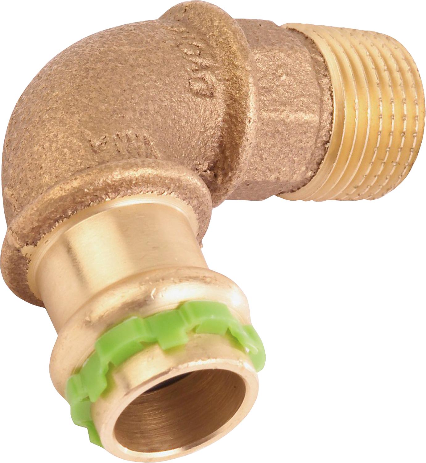 Red brass press fitting V-contour screw-in elbow 90° with male thread type P4001G 15x1/2